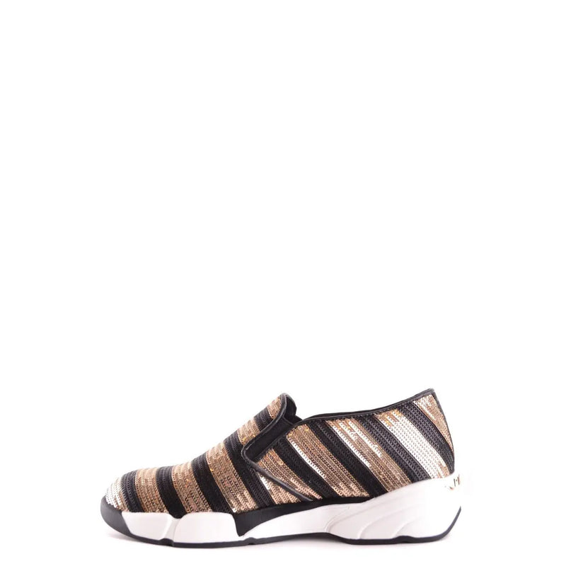 Pinko Schwarze, gestreifte Damen-Sneaker aus Stoff mit goldenen Akzenten und weißer, klobiger Sohle zum Hineinschlüpfen – perfekt für die Freizeit.