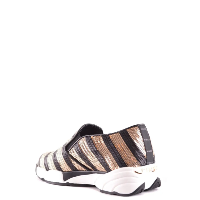 Pinko Schwarze Damen-Sneaker aus Stoff zum Hineinschlüpfen mit metallisch-goldenem Streifenmuster und einer markanten weißen Gummisohle