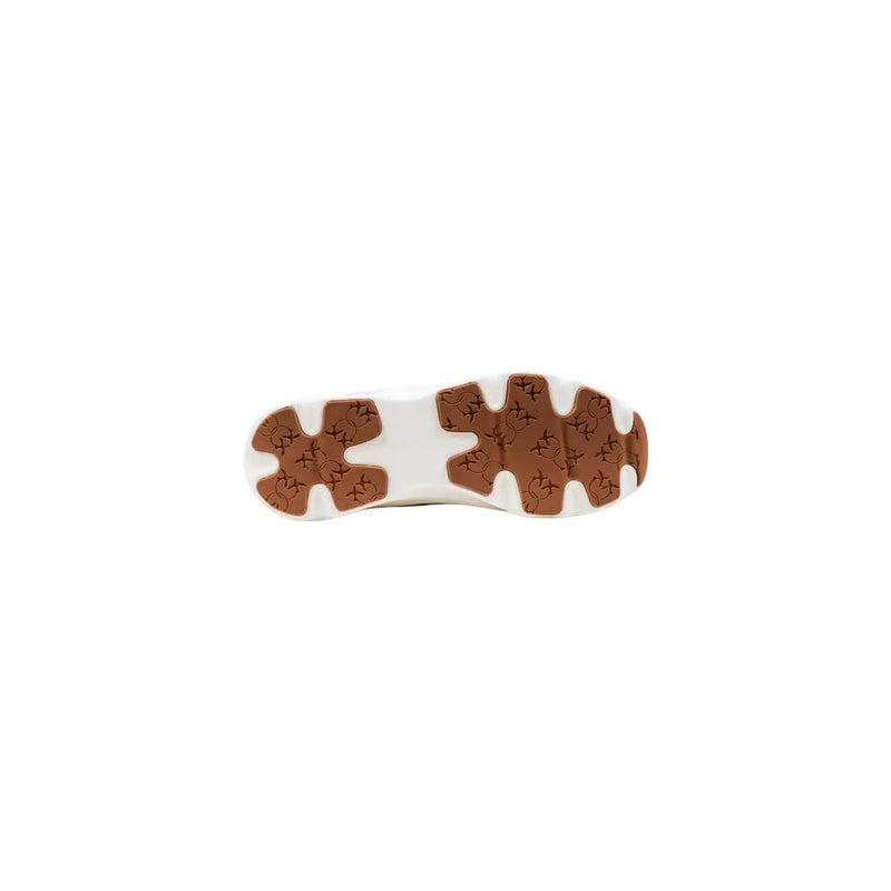Pinko women slip on white leather sporty sneakers with white and brown chunky sole featuring repeating logo patterns
