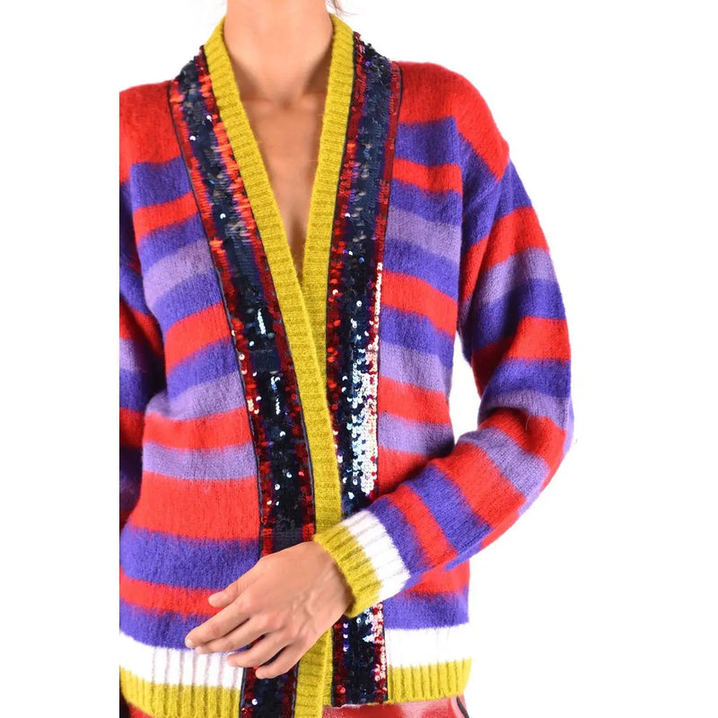 Pinko Gestreifte Damen-Strickjacke aus Mohair mit leuchtend roten, violetten und gelben Streifen und einem auffälligen Paillettenbesatz an der Vorderseite.