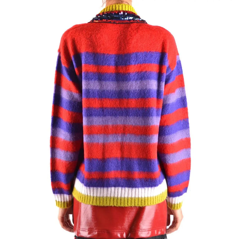 Pinko Damen-Strickjacke aus mehrfarbig gestreiftem Mohair mit leuchtend rotem und violettem Strickmuster, Paillettenkragen und gelben Rippbündchen