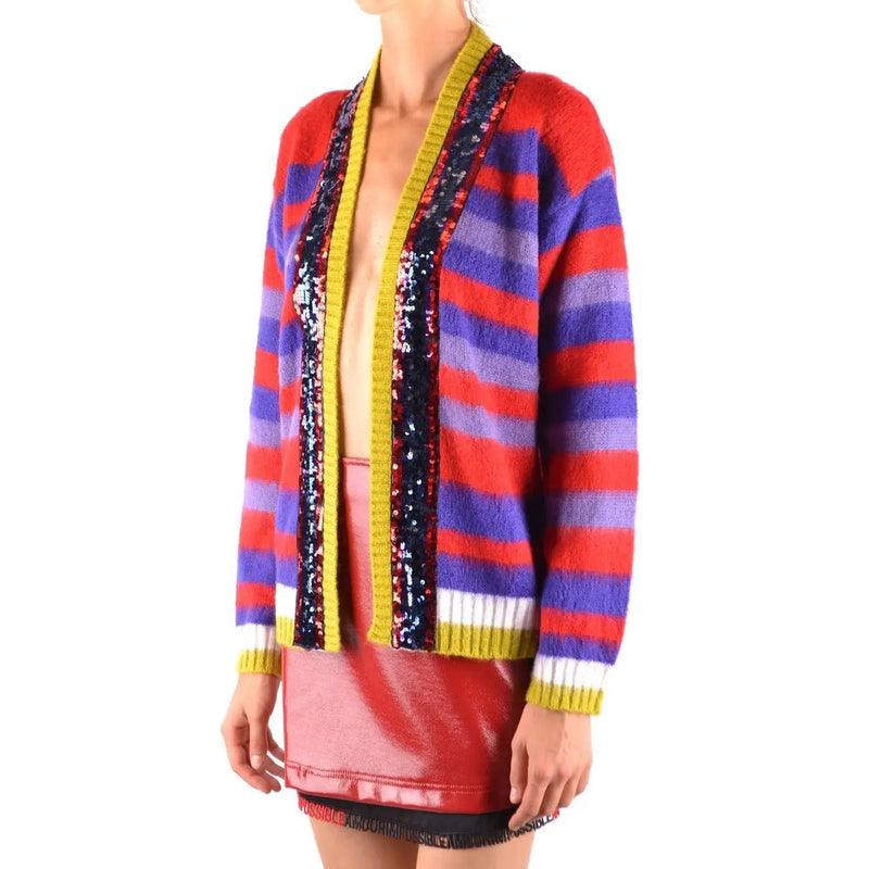 Pinko Gestreifte Damen-Strickjacke aus Mohair in leuchtendem Rot, Lila und Gelb mit Paillettenbesatz für stilvolle Lagenlooks