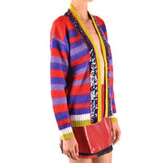 Pinko Gestreifte Damen-Strickjacke aus Mohair in leuchtendem Rot, Lila und Gelb mit Paillettenbesatz und mehrfarbigem Design