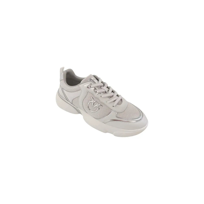 Pinko Weiße Damen-Sneaker aus Leder zum Hineinschlüpfen mit hellgrauem Wildleder- und Synthetik-Obermaterial, klobiger weißer Sohle und silbernem Logo-Detail