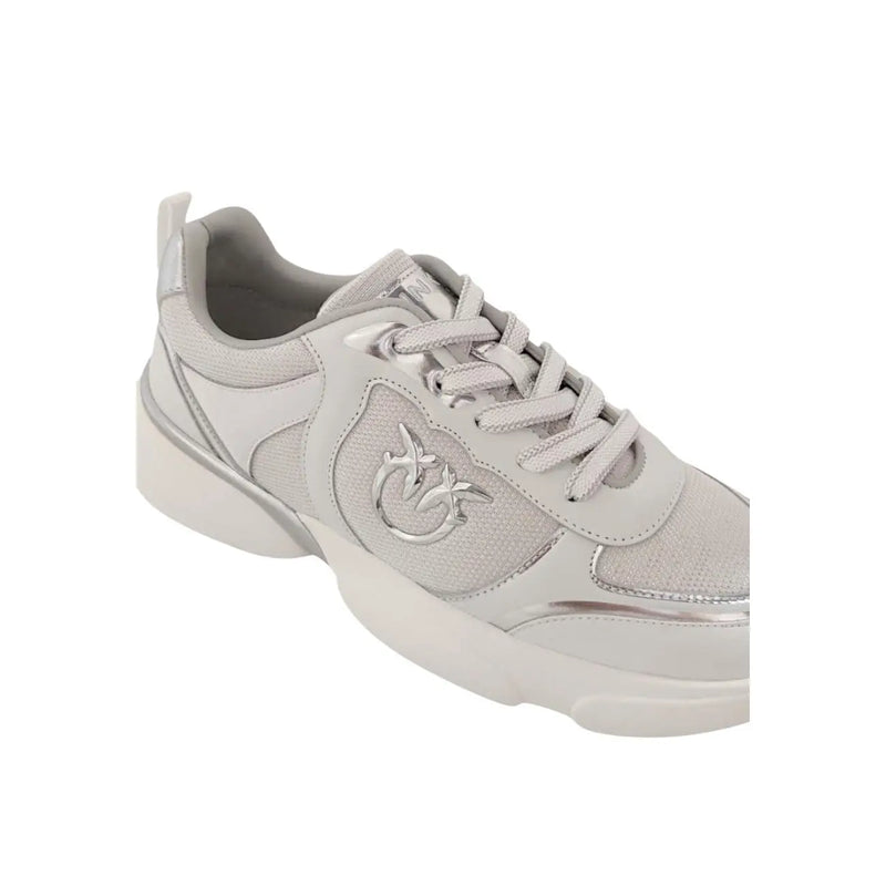 Pinko Weiße Damen-Sneaker aus Leder zum Hineinschlüpfen mit silberfarbenem Mesh-Obermaterial, metallischem Logo und klobiger Gummisohle