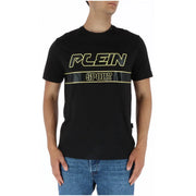 Plein Sport black printed men’s t-shirt in 100 percent cotton with bold yellow and black logo across the chest