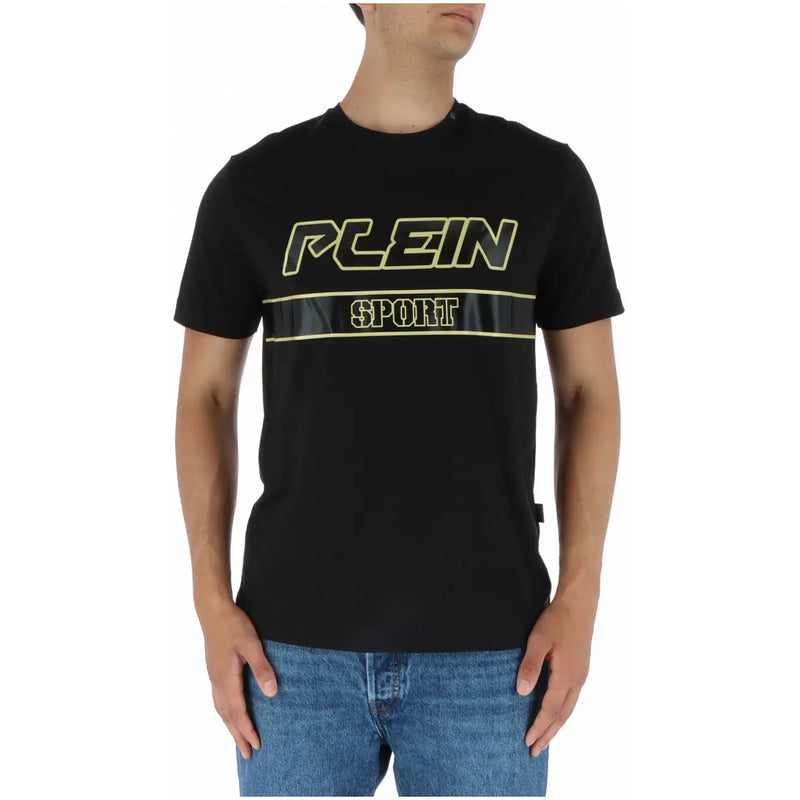 Plein Sport black printed men’s t-shirt in 100 percent cotton with bold yellow and black logo across the chest