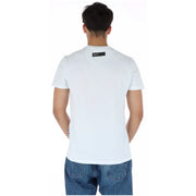 Back side of plein sport men’s white cotton blend round neck t shirt with black rectangular plein label at the neck