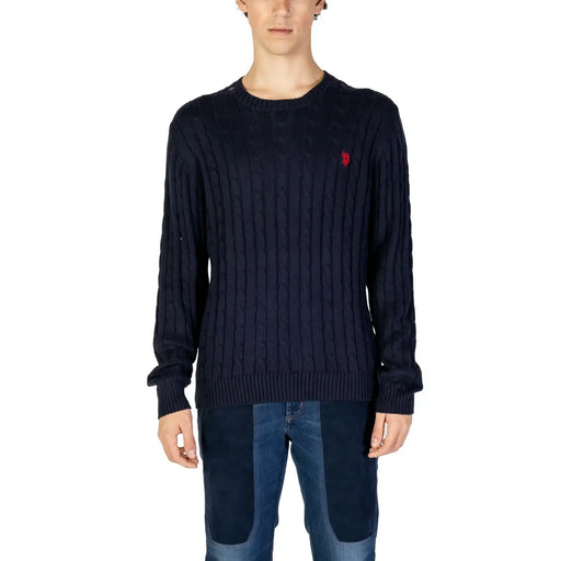 Navy blue ralph lauren cable-knit sweater with red logo.