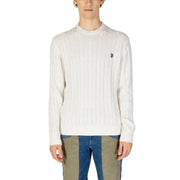 White ralph lauren crewneck sweater with ribbed texture and small embroidered logo on left chest.