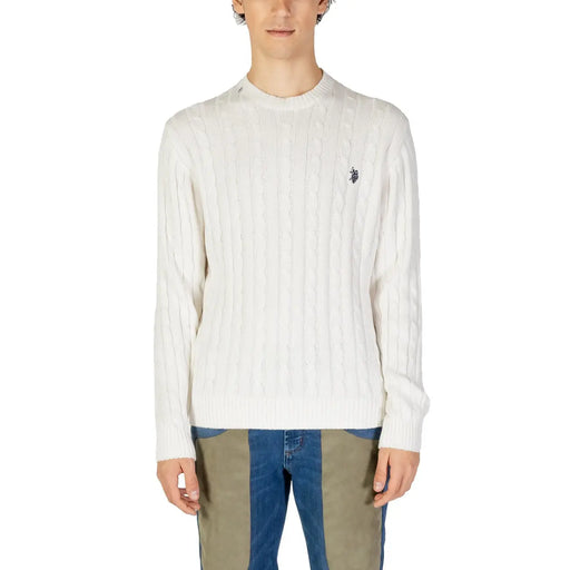 White ralph lauren crewneck sweater with ribbed texture and small embroidered logo on left chest.