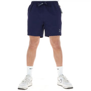 Navy blue polyester Psycho Bunny men swimwear shorts with drawstring waistband pockets and white logo on lower leg