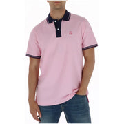 Psycho Bunny Herren-Poloshirt, rosa, kurzärmelig, aus Baumwolle mit marineblauem Kragen und gesticktem Hasenlogo auf der Brust