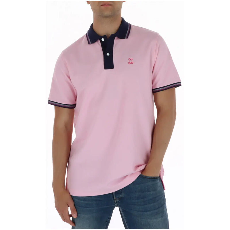 Psycho Bunny Herren-Poloshirt, rosa, kurzärmelig, aus Baumwolle mit marineblauem Kragen und gesticktem Hasenlogo auf der Brust
