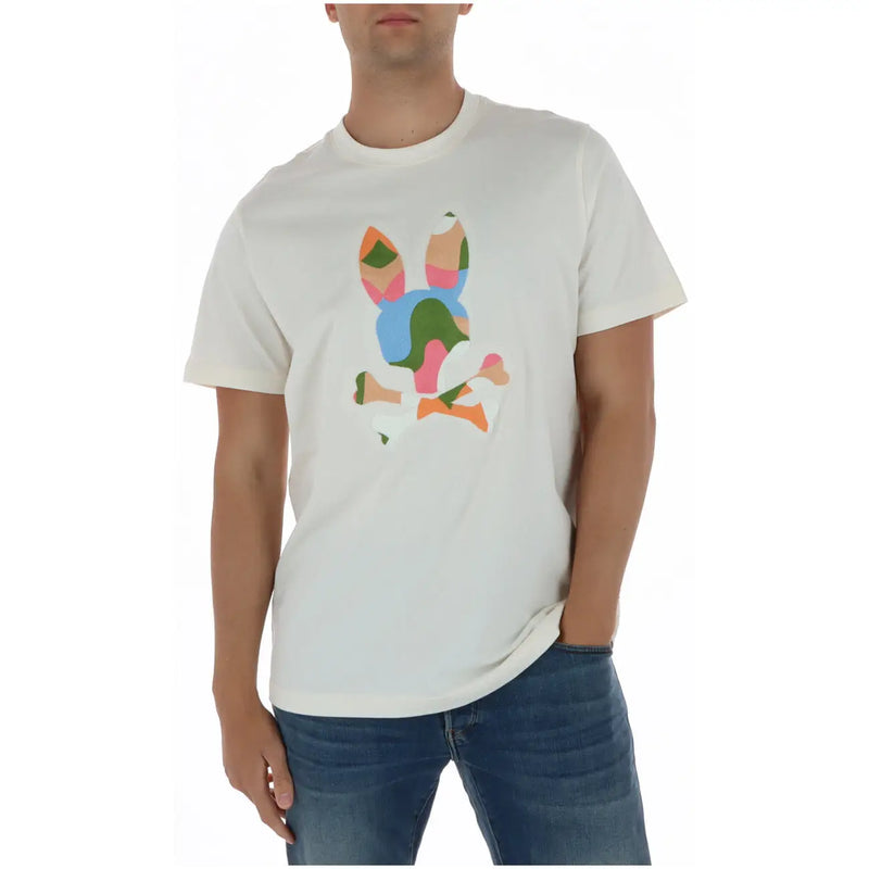 Weißes Baumwoll-T-Shirt für Herren mit Psycho-Bunny-Motiv und farbenfroher, abstrakter Hasengrafik in Pastell- und Erdtönen