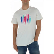 Weißes Baumwoll-T-Shirt für Herren mit Psycho-Bunny-Motiv, Rundhalsausschnitt und farbenfrohem, stilisiertem Hasenmotiv mit Farbtropfeneffekt