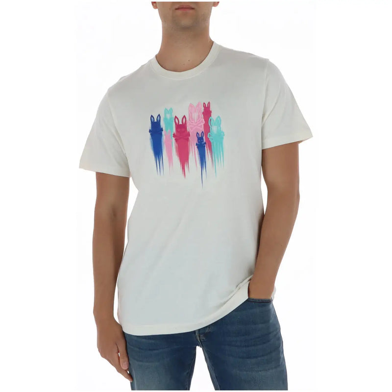 Weißes Baumwoll-T-Shirt für Herren mit Psycho-Bunny-Motiv, Rundhalsausschnitt und farbenfrohem, stilisiertem Hasenmotiv mit Farbtropfeneffekt