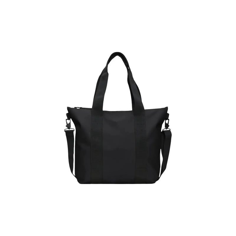 Schwarze Mini-Tragetasche von Rains aus Nylon für Damen mit verstellbarem Schultergurt und top Griffe in glänzender Polyester-Optik