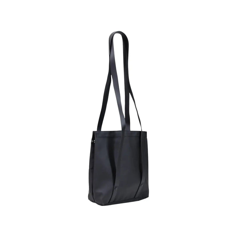 Schwarze Ledertasche mit einem einzelnen Schulterriemen, von hinten im Regen gesehen, Damen-Umhängetasche aus Polyester