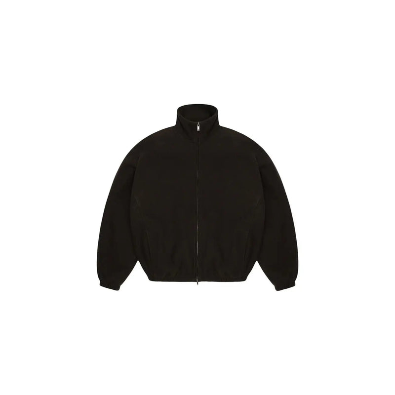 Schwarze Balenciaga-Jacke mit hohem Kragen und durchgehendem Reißverschluss, entworfen für einen eleganten urbanen Look