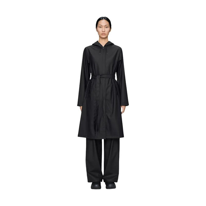 Schwarzer Trenchcoat mit Kapuze, Taillengürtel und langen Ärmeln aus Polyester für Damen von Rains
