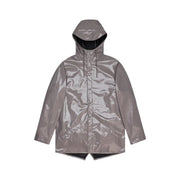 Rains Damen-Blazerjacke aus lila Polyester mit Kapuze, elegantem, metallisch-grau glänzendem Finish und schwarz gefütterter Kapuze