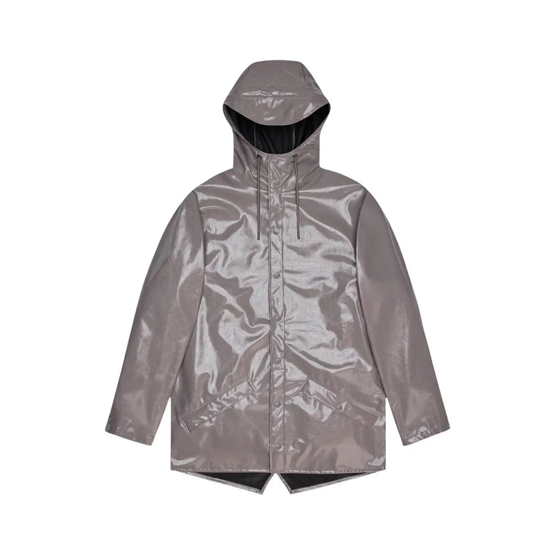 Rains Damen-Blazerjacke aus lila Polyester mit Kapuze, elegantem, metallisch-grau glänzendem Finish und schwarz gefütterter Kapuze