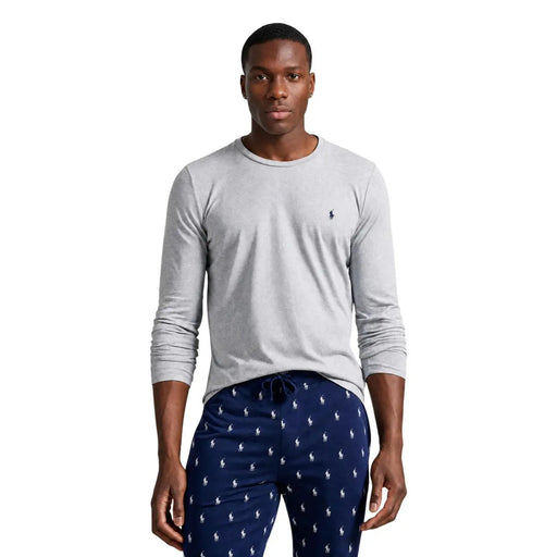 Ralph Lauren Herren grauer Baumwoll-Schlafanzug top mit Rundhalsausschnitt, langen Ärmeln und marineblauem Polo-Spielerlogo auf der linken Brust