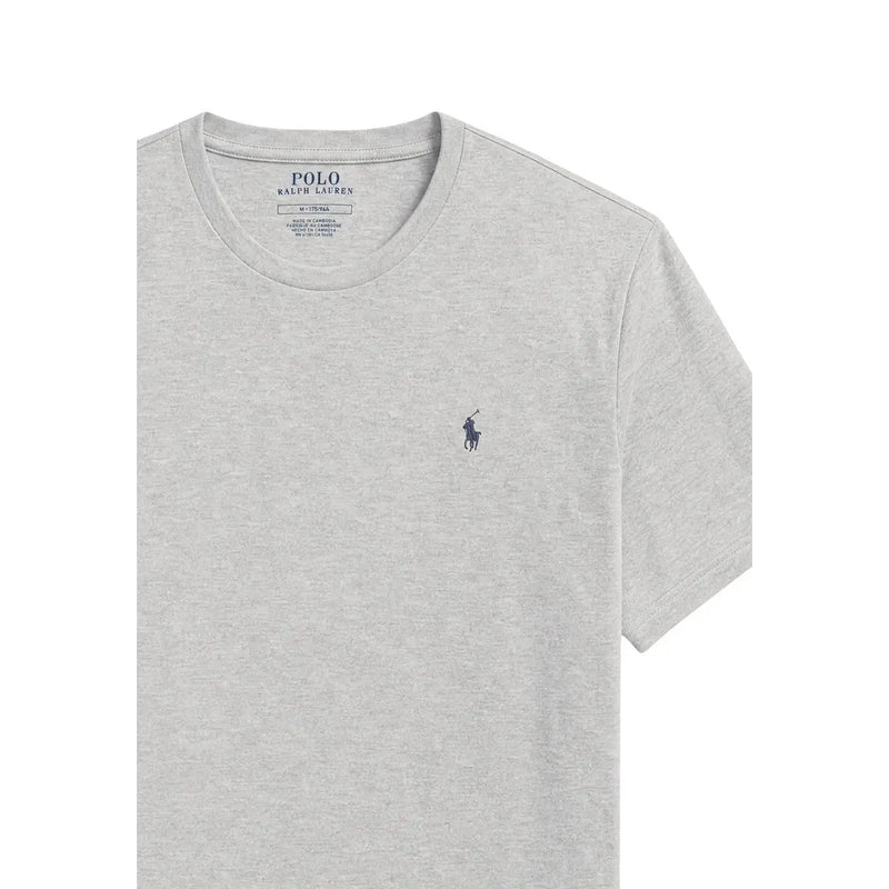 Hellgrauer Ralph Lauren Herren-Schlafanzug aus Baumwolle mit Rundhalsausschnitt top mit kleinem, marineblauem, gesticktem Pferde- und Reiterlogo auf der linken Brust