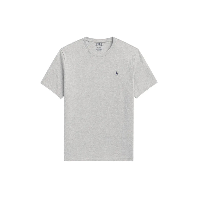 Ralph Lauren Herren-Schlafanzug aus grau melierter Baumwolle mit Rundhalsausschnitt top mit marineblauem, gesticktem Polospieler-Logo auf der linken Brust