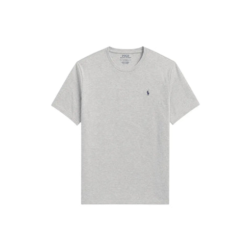 Ralph Lauren Herren-Schlafanzug aus grau melierter Baumwolle mit Rundhalsausschnitt top mit marineblauem, gesticktem Polospieler-Logo auf der linken Brust