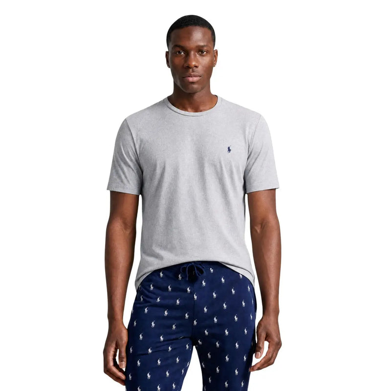 Ralph Lauren Herren-Schlafanzug aus grauer Baumwolle mit kurzen Ärmeln und Rundhalsausschnitt top mit marineblauem, gesticktem Polospieler-Logo auf der linken Brust
