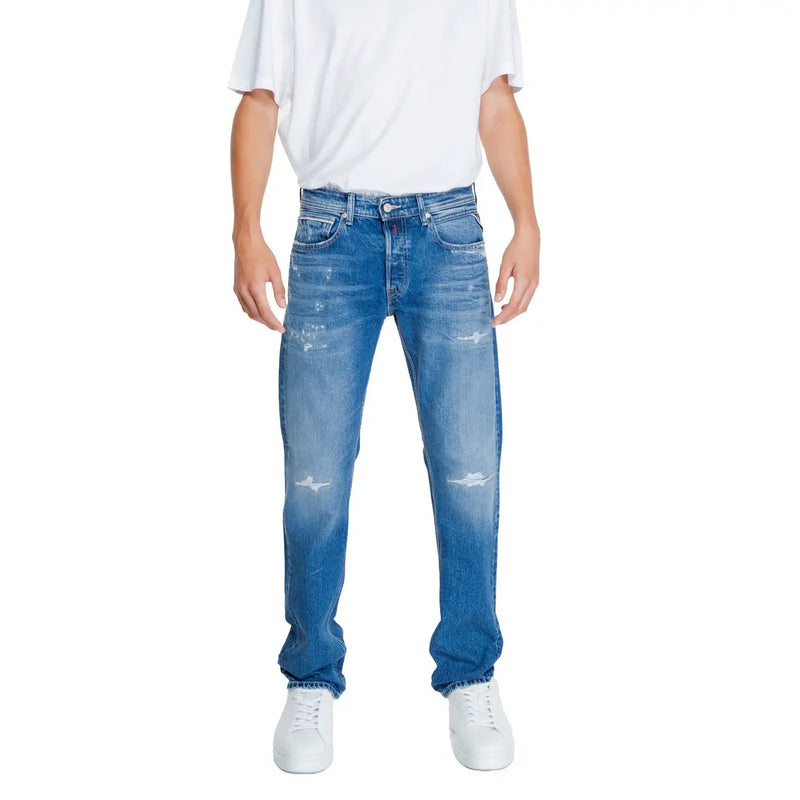Replay men jeans blue plain zip button with distressed denim classic five-pocket design and faded wash size 32