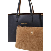 Schwarze Replay Damen-Handtasche aus samtigem Synthetikmaterial mit dunkelblauem, strukturiertem Leder, goldfarbenem Markenlogo und braunen Henkeln