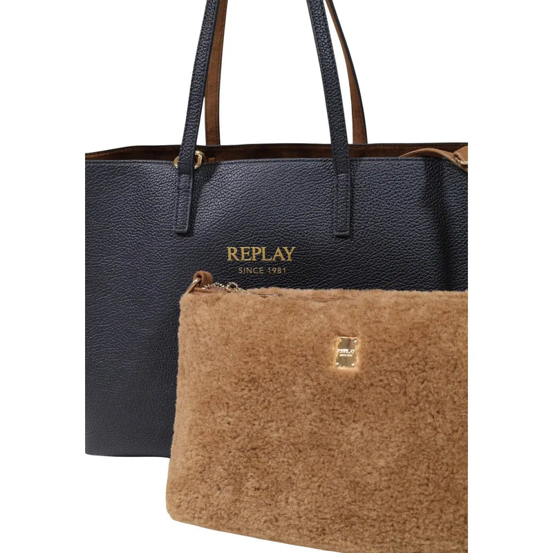 Schwarze Replay Damen-Handtasche aus samtigem Synthetikmaterial mit dunkelblauem, strukturiertem Leder, goldfarbenem Markenlogo und braunen Henkeln