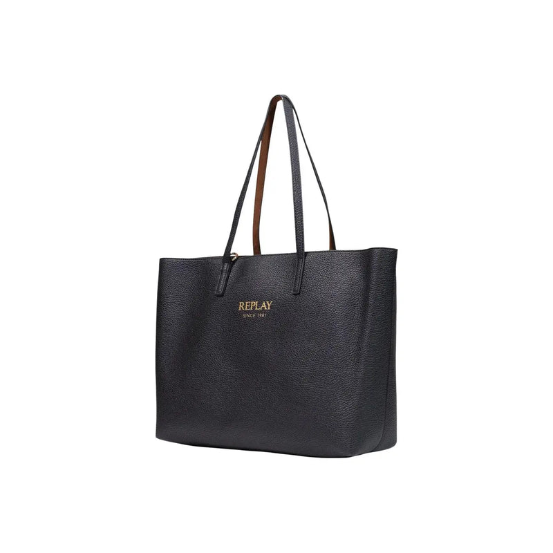 Schwarze Damenhandtasche von Replay aus samtigem Kunstleder mit braunen Henkeln und goldfarbenem Replay-Logo.