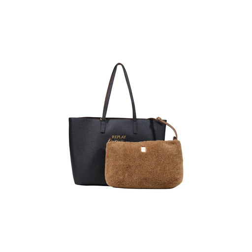 Schwarze, samtig-strukturierte Replay Damenhandtasche (40 x 30 cm) aus Synthetikmaterial mit goldenem Logo, passenden schwarzen Henkeln und braunem Innentäschchen.