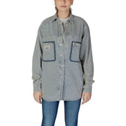Replay Women Pinstripe Shirt in Blue featuring striped denim and contrast patch pockets