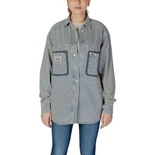 Replay Women Pinstripe Shirt in Blue featuring striped denim and contrast patch pockets