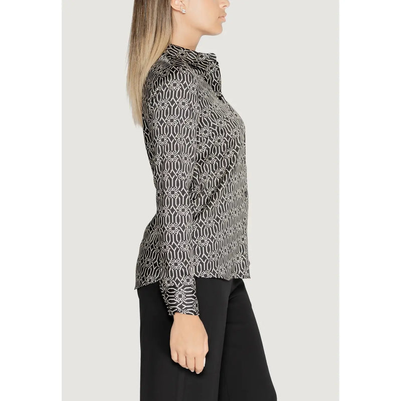 Rinascimento Schwarzes Damen-Langarmshirt aus Polyester mit schwarz-weißem geometrischem Muster und Rüschenkragen