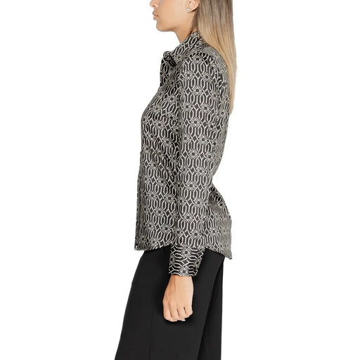 Rinascimento Damen-Polyester-Langarmshirt, schwarz-weiß gemustert mit geometrischem Muster und klassischem Kragen