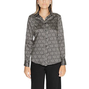 Rinascimento Damenbluse aus Polyester, langärmelig, schwarz-weiß geometrisch gemustert, mit klassischem Kragen und Knopfleiste.