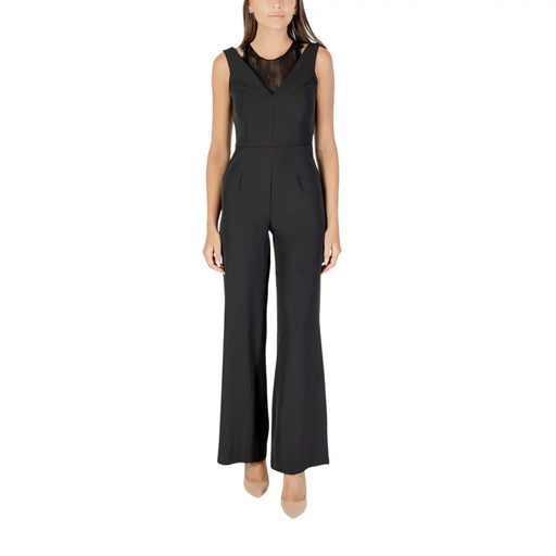 Women’s black sleeveless jumpsuit with mesh neckline and wide legs from Rinascimento collection