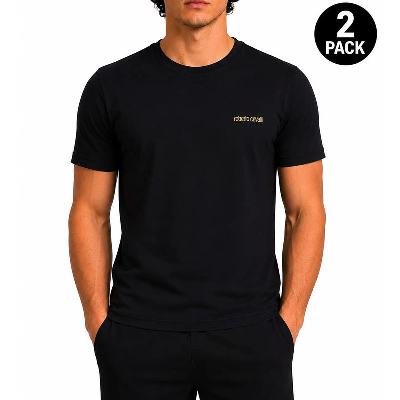 Schwarze Roberto Cavalli Herren-Baumwolle t-shirt mit dezenter Goldstickerei auf der linken Brustseite, kurzärmeliges Unterhemd