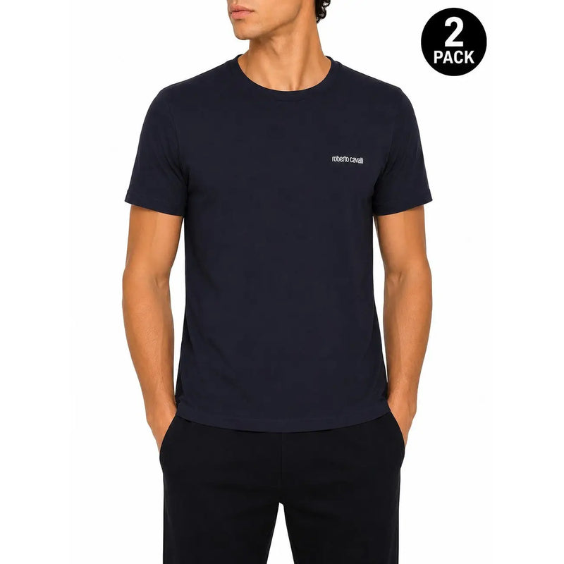Marineblaues Roberto Cavalli Herren-Baumwoll-Rundhalsband t-shirt mit weißem, gesticktem Logo auf der linken Brust, kurzärmeliges Unterhemd