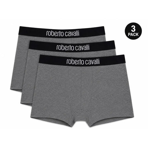 Graue Boxershorts von Roberto Cavalli für Herren aus meliertem Baumwollgewebe mit schwarzem Bund und weißem Markenlogo.