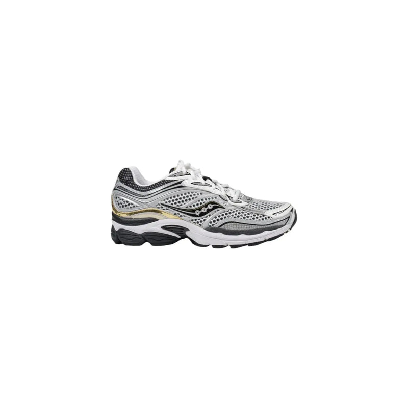 Silber und Schwarz saucony Weiße Damen-Sneaker Progrid Omni 9 aus Synthetik mit Mesh-Obermaterial, weißen Schnürsenkeln und goldenem Akzentstreifen