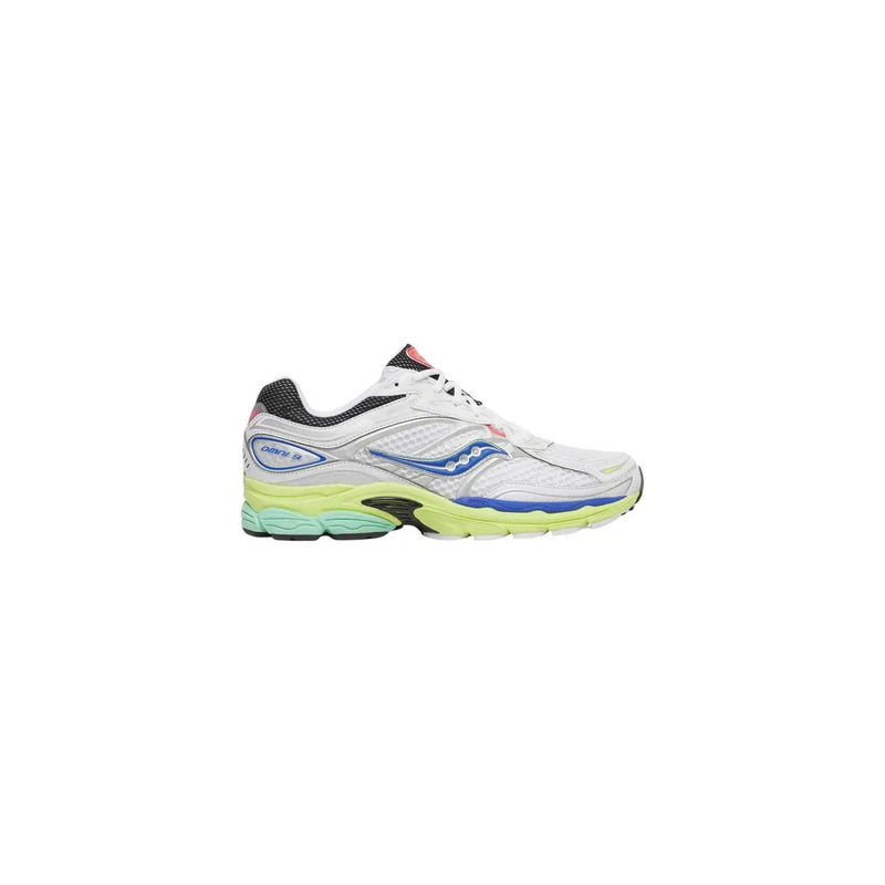 Weiß saucony Cohesion 10 Laufschuh mit blauen und neongrünen Akzenten aus Synthetikmaterial und Progrid-Unterstützung