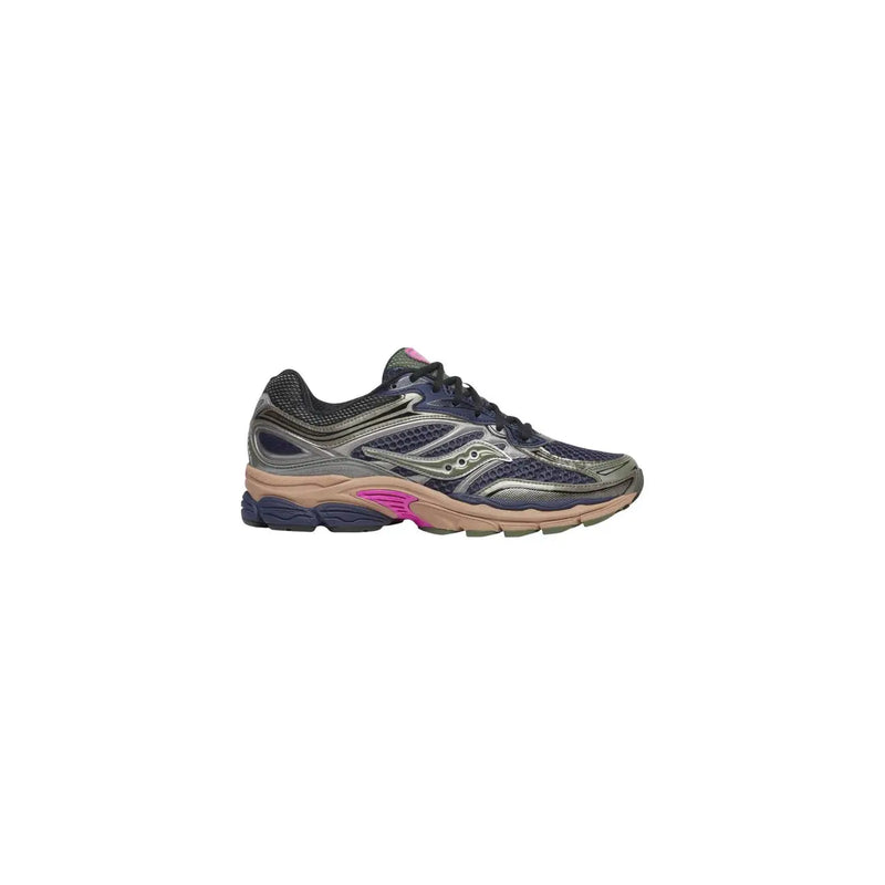 Saucony Weiße Damen-Sneaker Progrid Omni 9 aus Synthetik mit dunkelblauem Mesh-Obermaterial, silbernen Akzenten und pinkfarbenen Details an der Zwischensohle