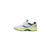 Saucony Weiße Damen-Sneaker Progrid Omni 9 aus Synthetik mit Mesh-Obermaterial und Gummisohle sowie blauen und neongelben Akzenten.